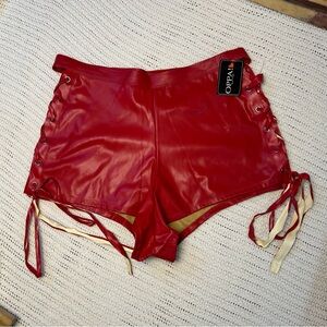 Red Faux Leather Lace-Up Shorts